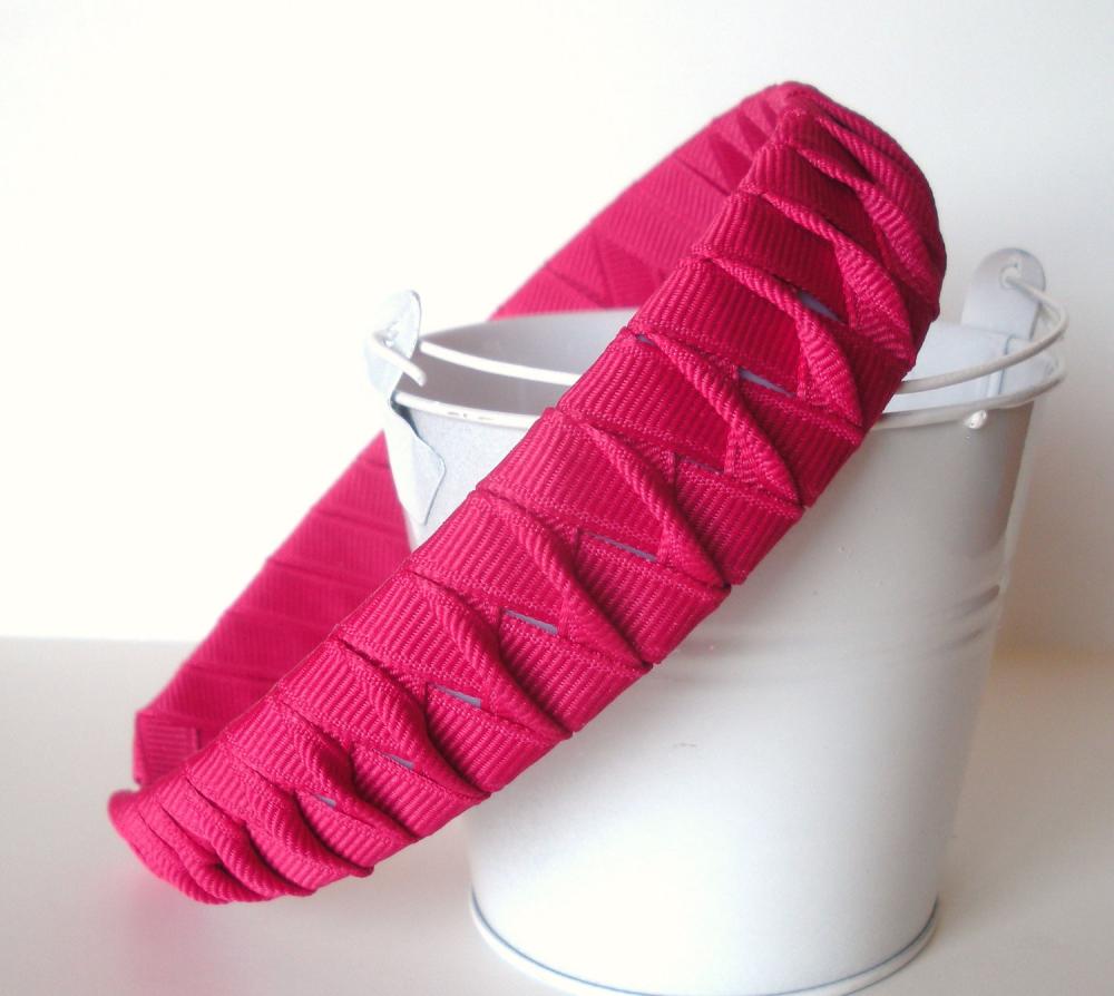 Twisted Woven Headband: One Inch Wide Made From Shocking Pink Grosgrain
