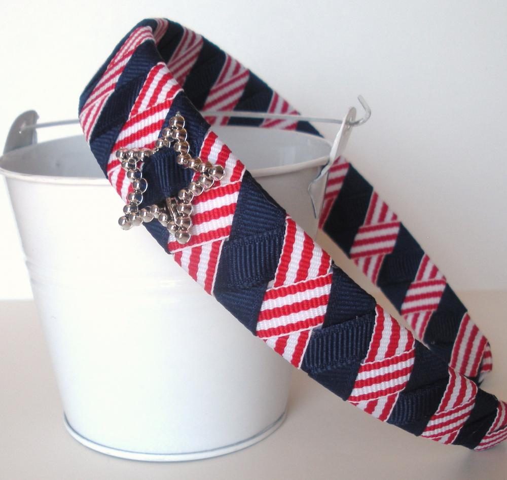 Star Bling Headband: One Inch Wide Headband Made From Navy Red/white Stripe Ribbon